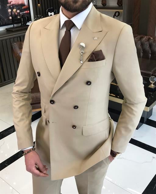 Italian style double breasted jacket pant suit camel T9106