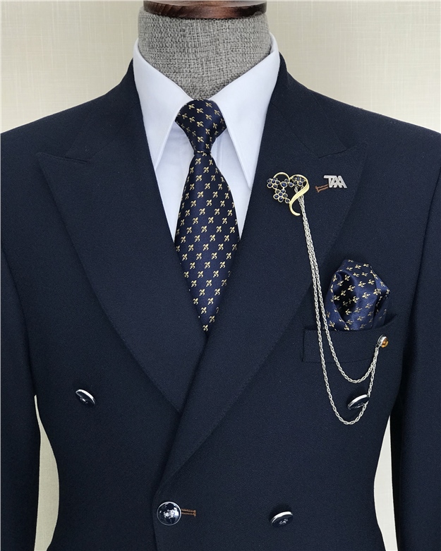 İtalyan stil kruvaze ceket pantolon takım elbise Lacivert T8350