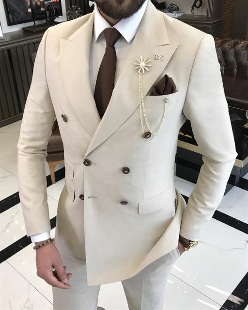  Italian style double-breasted jacket trouser suit beige T9108