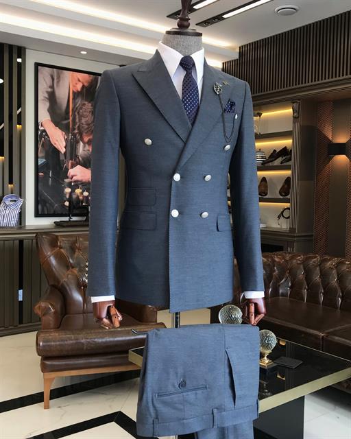 Italian style double-breasted jacket trouser suit navy blue T9101