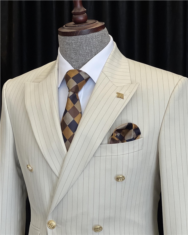 İtalyan stil kruvaze ceket pantolon takım elbise Bej T7197