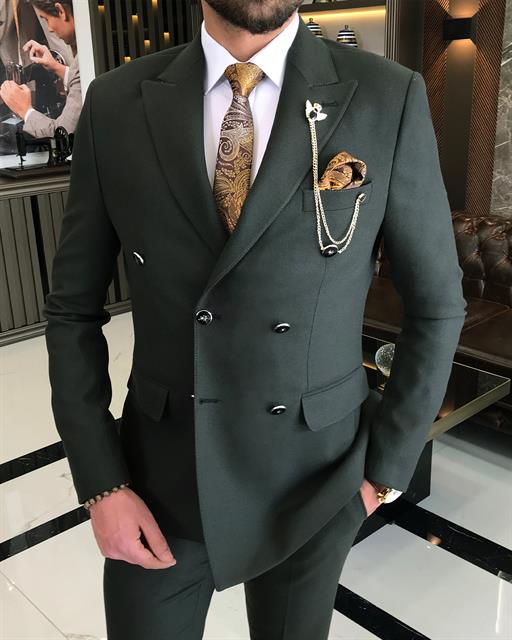İtalyan stil kruvaze ceket pantolon takım elbise haki T9169