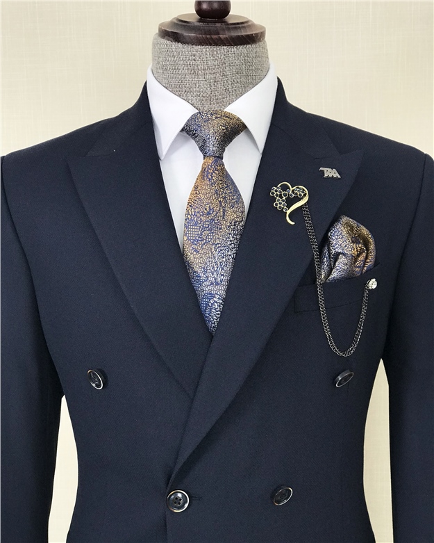 İtalyan stil kruvaze ceket pantolon takım elbise Lacivert T8605