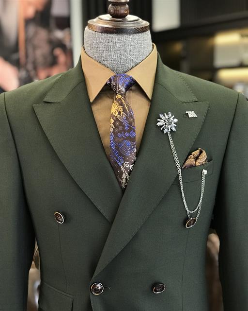  Italian style double breasted jacket pant suit khaki T9110
