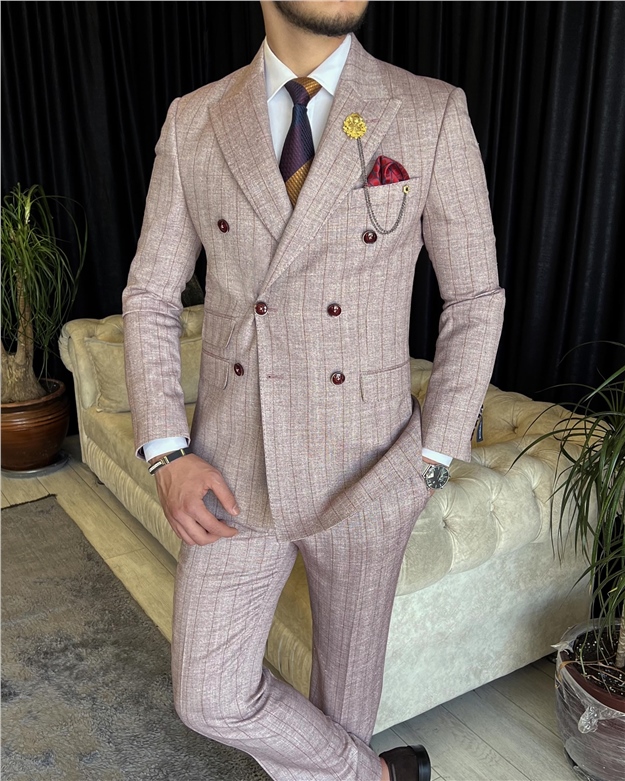 İtalyan stil kruvaze ceket pantolon takım elbise Bordo T7155