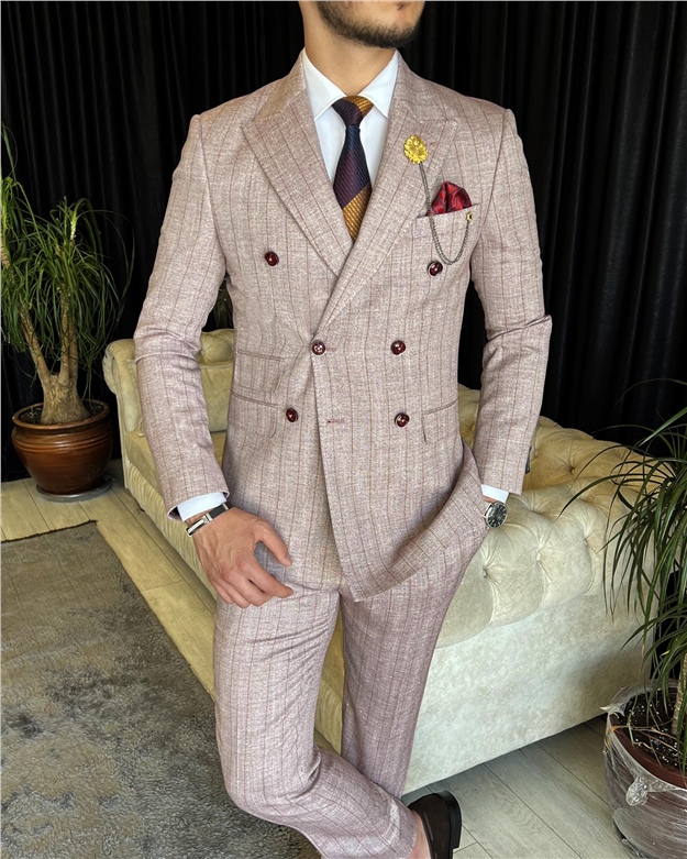 İtalyan stil kruvaze ceket pantolon takım elbise Bordo T7155