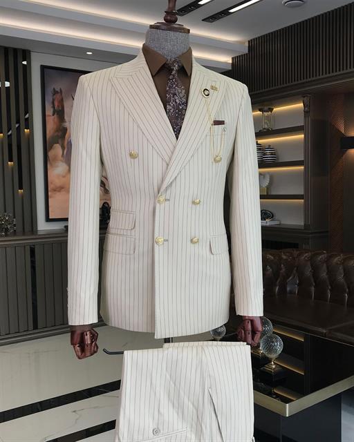 Italian Style Double Breasted Striped Jacket Trousers Suit Suit Beige T8685
