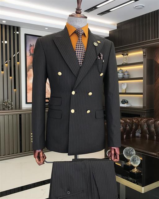Italian Style Double Breasted Striped Jacket Pants Suit Suit Brown T8686