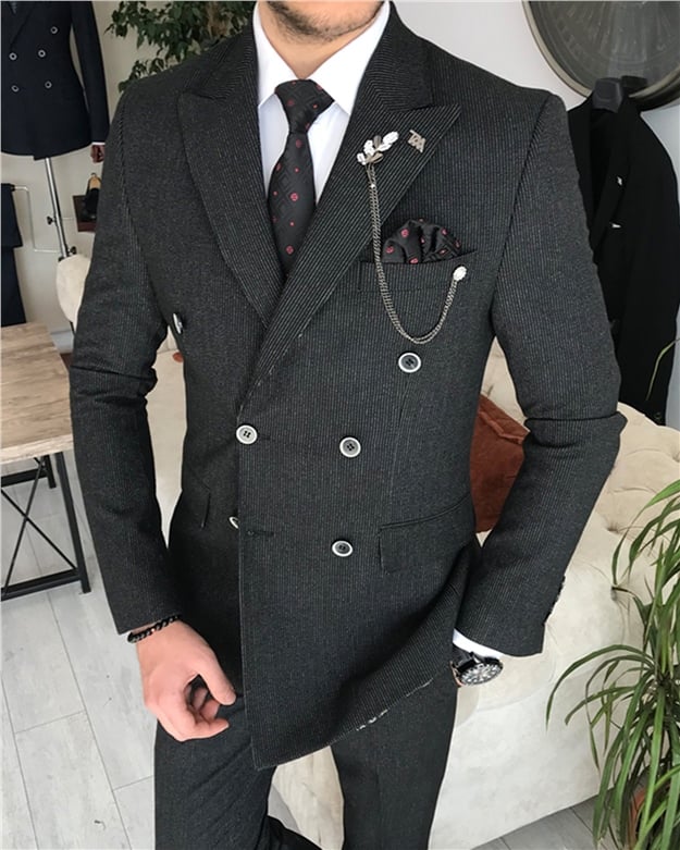 İtalyan stil kruvaze çizgili ceket pantolon takım elbise Siyah T8345