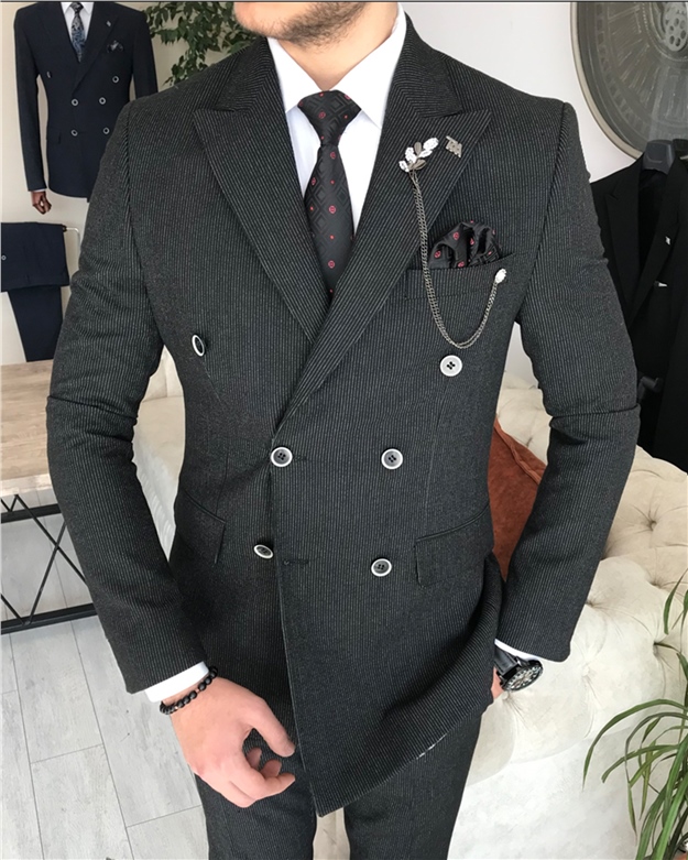 İtalyan stil kruvaze çizgili ceket pantolon takım elbise Siyah T8345