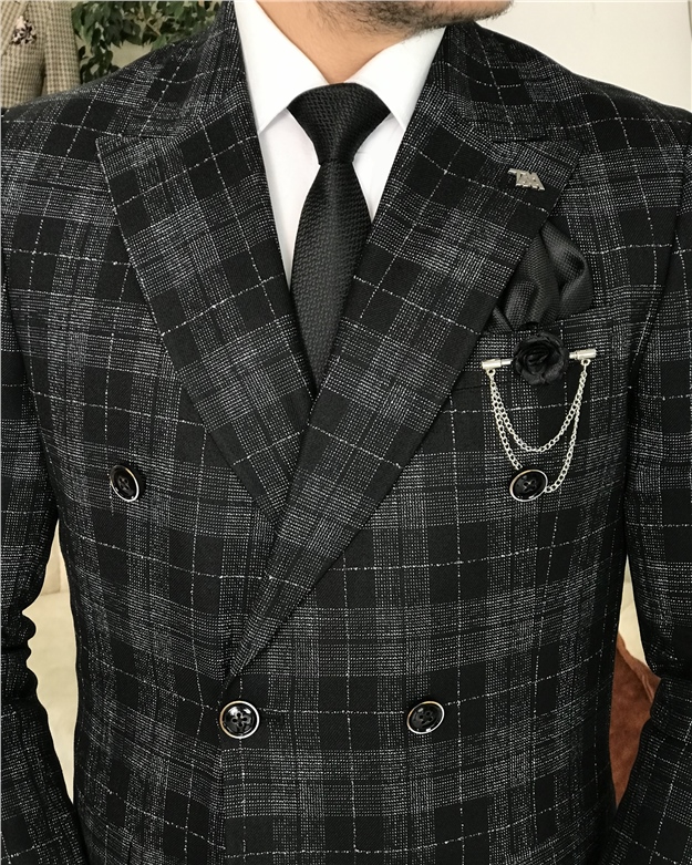 İtalyan stil kruvaze ekose ceket pantolon takım elbise Siyah T8406