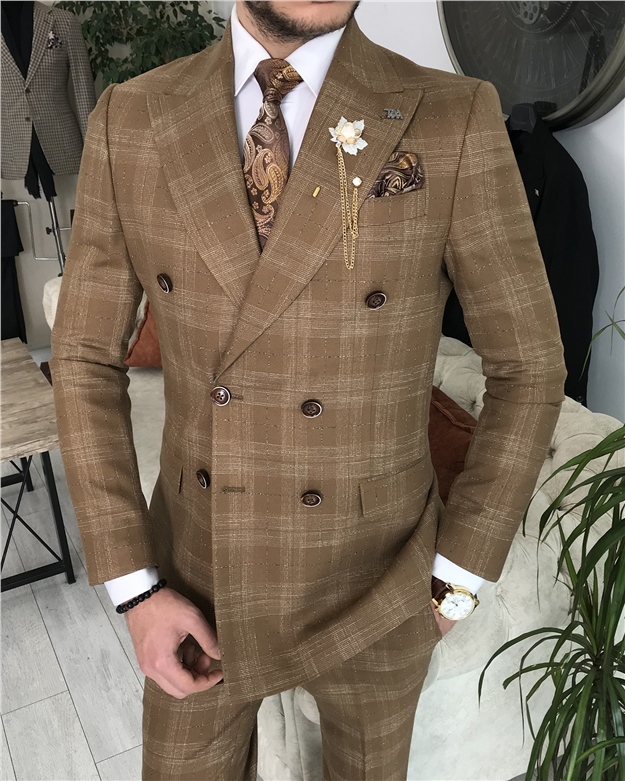 İtalyan stil kruvaze ekose ceket pantolon takım elbise Camel T8408
