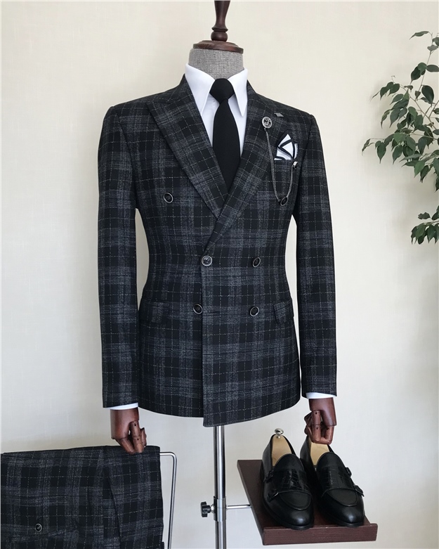 İtalyan stil kruvaze ekose ceket pantolon takım elbise Siyah T8406