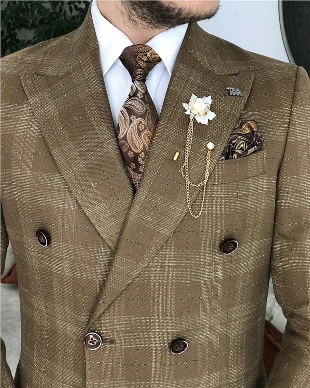 İtalyan stil kruvaze ekose ceket pantolon takım elbise Camel T8408