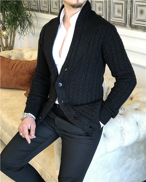 İtalyan stil mevsimlik erkek saç örgü hırka triko Siyah T5170