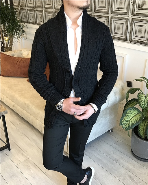İtalyan stil mevsimlik erkek saç örgü hırka triko Siyah T5170
