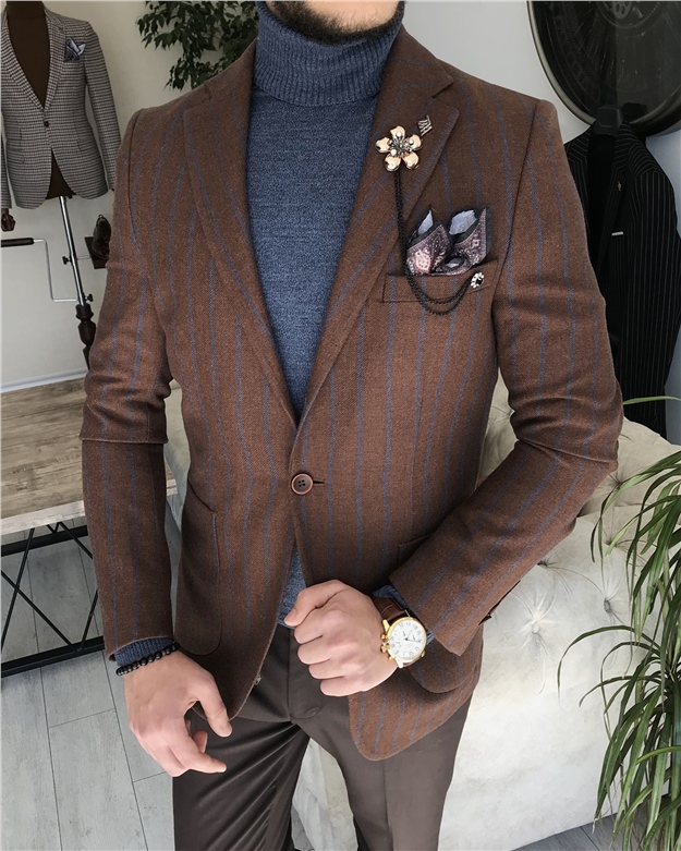 İtalyan stil mono yaka yün karışımlı erkek çizgili tek ceket Kahverengi T8313