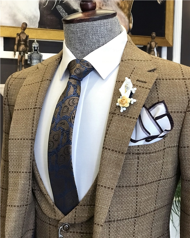 İtalyan stil slim ceket yelek pantolon takım elbise camel T6452