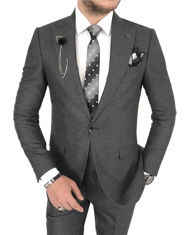 İtalyan stil slim ceket yelek pantolon gri takım elbise T7908