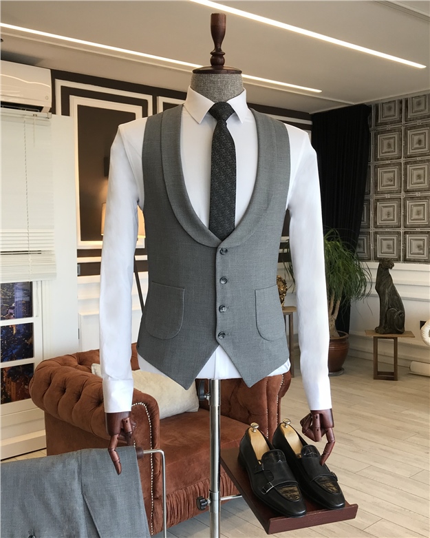 İtalyan stil slim ceket yelek pantolon takım elbise gri T6112