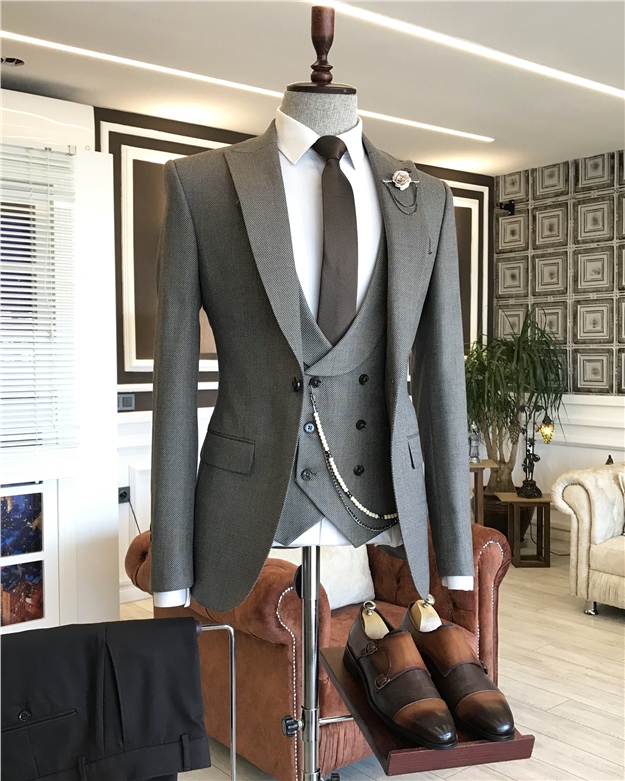 İtalyan stil slim ceket yelek pantolon kombin Bej T4156