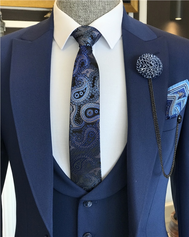 İtalyan stil slim ceket yelek pantolon takım elbise mavi T6177