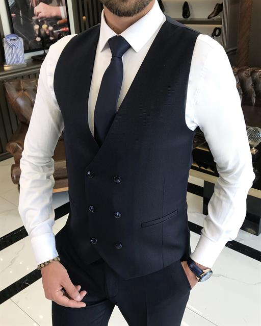 İtalyan stil slim fit armürlü ceket yelek pantolon takım elbise lacivert T9757