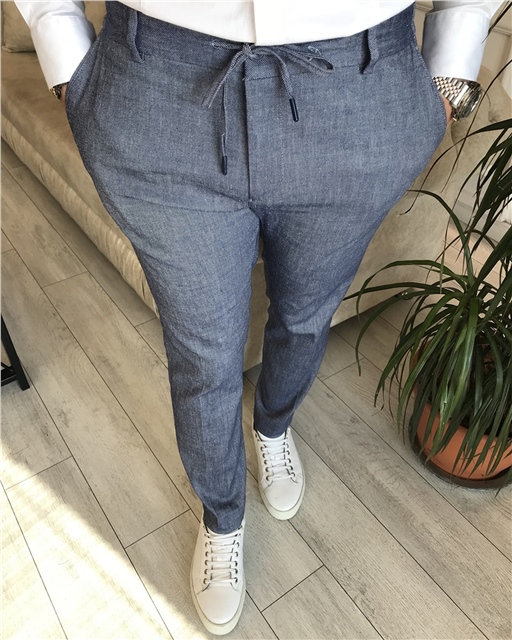 italyan stil slim fit bağcıklı erkek kumaş pantalon Mavi T6170