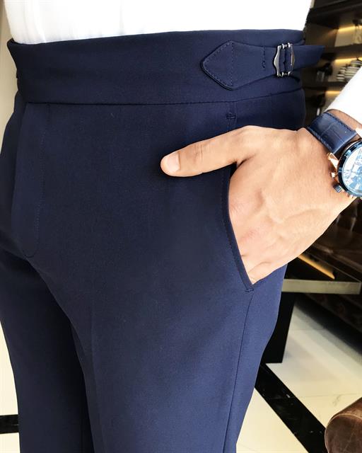 İtalyan stil slim fit bel detaylı erkek pantolon lacivert T9772