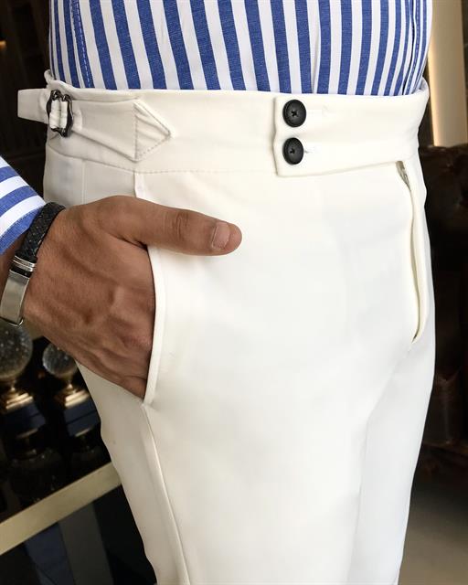 İtalyan stil slim fit bel detaylı erkek pantolon beyaz T9767