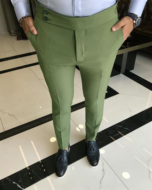 İtalyan stil slim fit bel detaylı erkek pantolon yeşil T9769