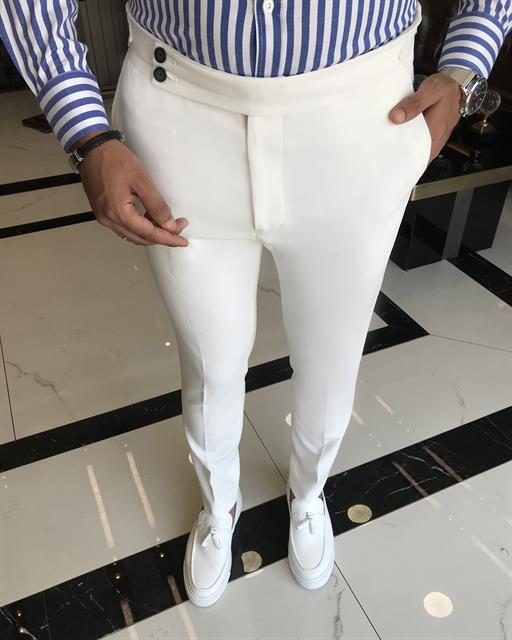 İtalyan stil slim fit bel detaylı erkek pantolon beyaz T9767