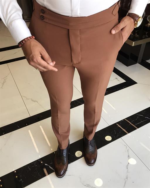 İtalyan stil slim fit bel detaylı erkek pantolon kahverengi T9768