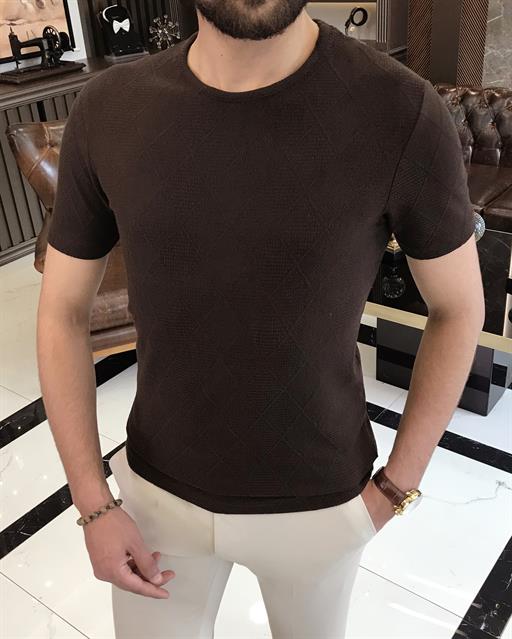 Italian style slim fit crew neck argyle cotton T-shirt brown T9396