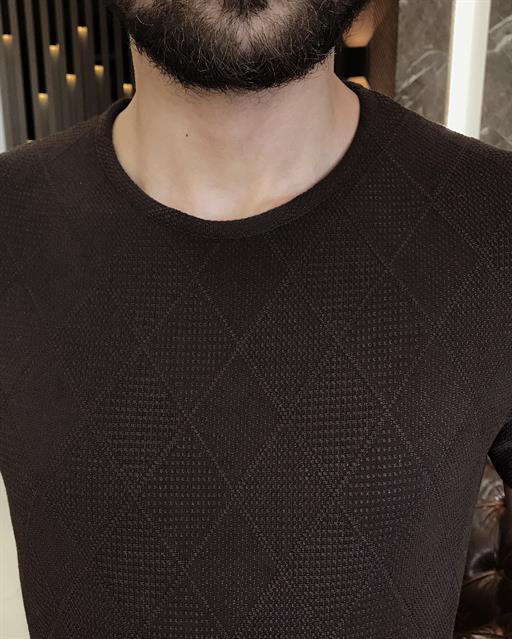 Italian style slim fit crew neck argyle cotton T-shirt brown T9396