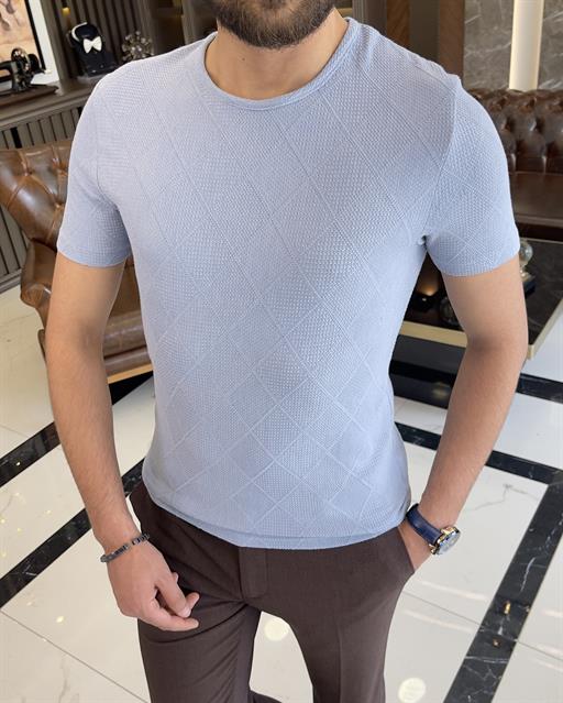 Italian style slim fit crew neck lozenge cotton T-shirt blue T9398