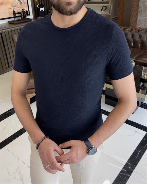 Italian style slim fit crew neck argyle cotton T-shirt navy blue T9400