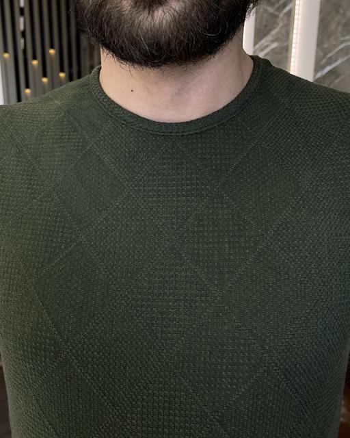 Italian style slim fit crew neck argyle cotton T-shirt khaki T9394