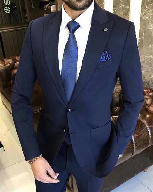 Italian style slim fit jacket pant suit navy blue T9692