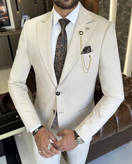 Italian style slim fit jacket pant suit beige T9689