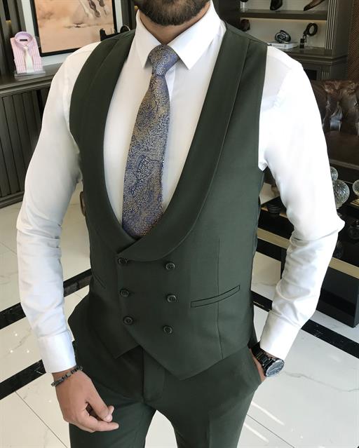 Italian style slim fit jacket vest pant suit green T9686