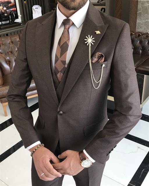 İtalyan stil slim fit ceket yelek pantolon takım elbise kahverengi T9760