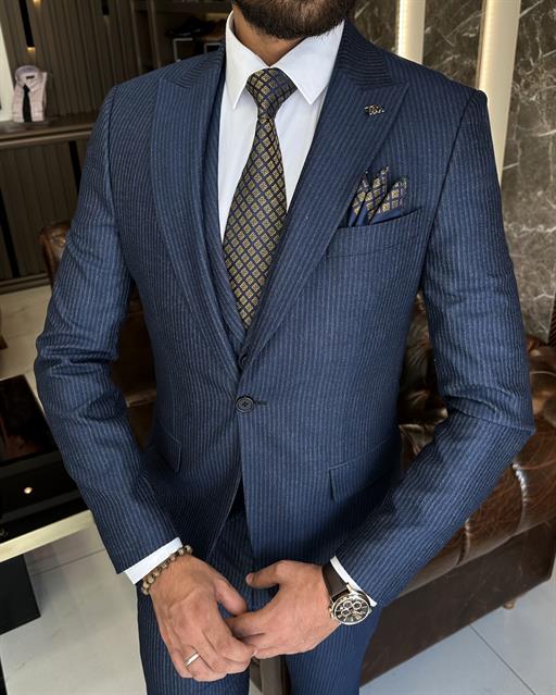 İtalyan stil slim fit ceket yelek pantolon takım elbise lacivert T9962