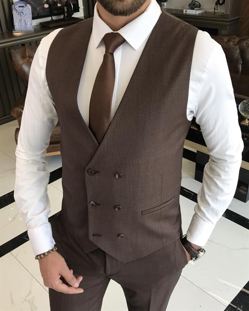 İtalyan stil slim fit ceket yelek pantolon takım elbise kahverengi T9759