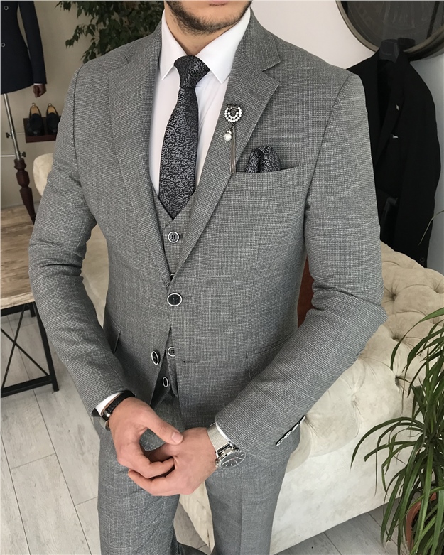 İtalyan stil slim fit ceket yelek pantolon takım elbise Gri T8360