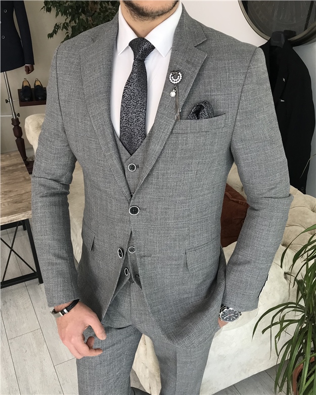 İtalyan stil slim fit ceket yelek pantolon takım elbise Gri T8360