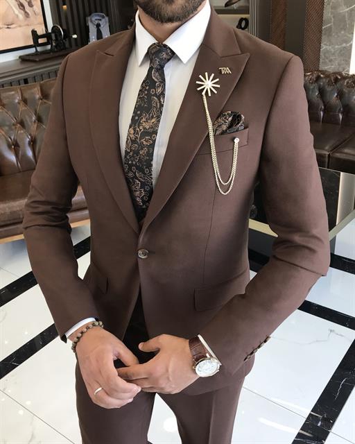 Italian style slim fit jacket vest pant suit brown T9683