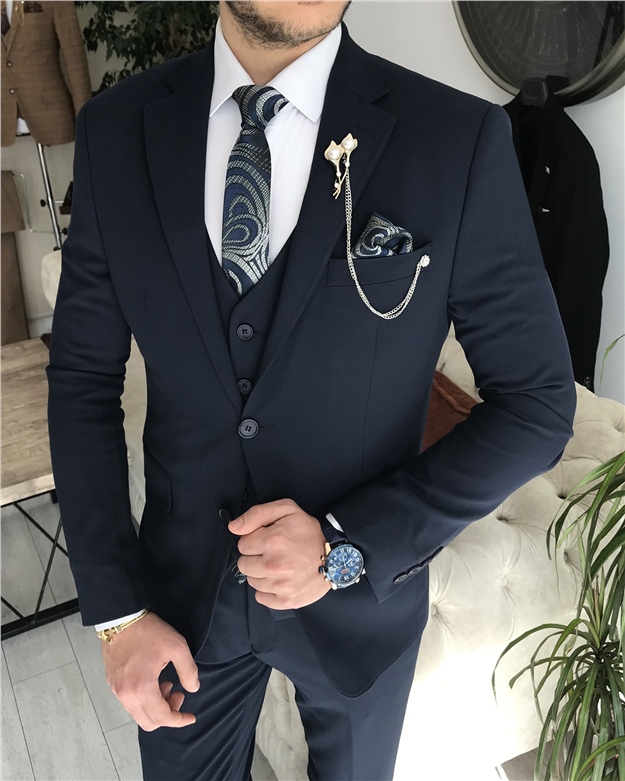 İtalyan stil slim fit ceket yelek pantolon takım elbise Lacivert T8359