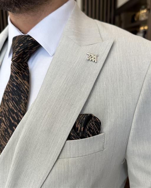 Italian style slim fit jacket vest pant suit beige T9798