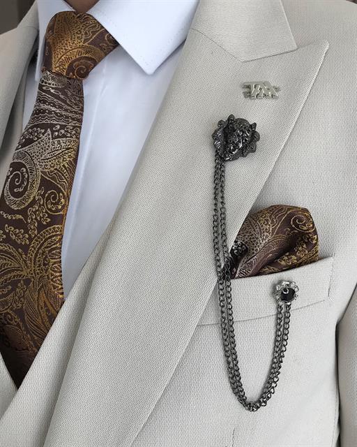 Italian style slim fit jacket vest pant suit beige T9086